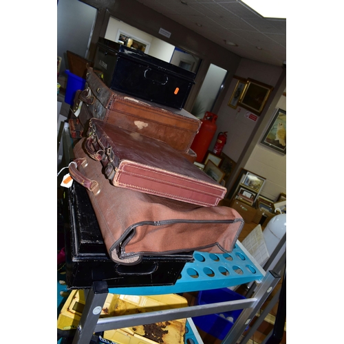 487 - VINTAGE LUGGAGE AND DOCUMENT BOXES, comprising a brown Antler pigskin style case, approximate size H... 