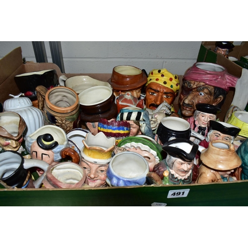 491 - FOUR BOXES AND LOOSE CERAMICS, GLASS AND TINS ETC, two boxes of Character and Toby jugs, brands incl... 