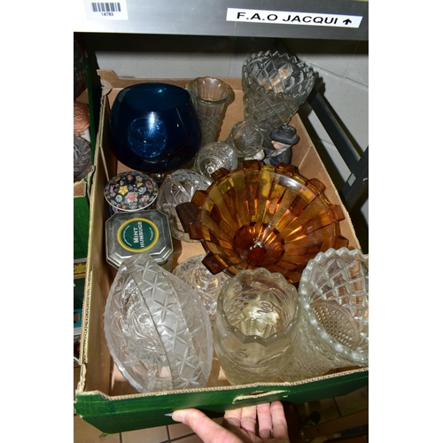 491 - FOUR BOXES AND LOOSE CERAMICS, GLASS AND TINS ETC, two boxes of Character and Toby jugs, brands incl... 