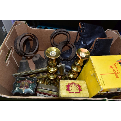 492 - THREE BOXES AND LOOSE SUNDRY ITEMS ETC, to include four vintage butlers bells, a pair of brass candl... 