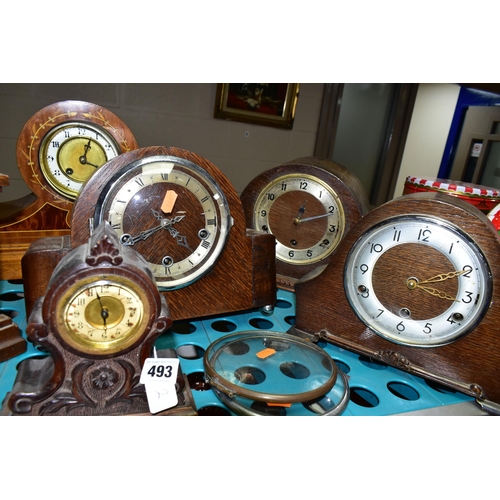 493 - EIGHT WOODEN CASED VINTAGE MANTEL CLOCKS, to include Westminster chiming examples, most will require... 