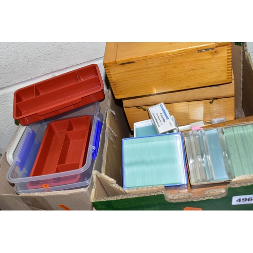 496 - TWO BOXES OF MICROSCOPE SLIDE ACCESSORIES ETC, to include microscope slide boxes, unused glass micro... 