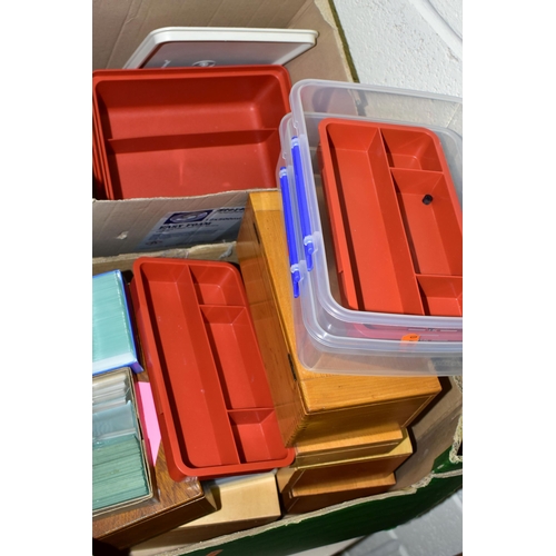 496 - TWO BOXES OF MICROSCOPE SLIDE ACCESSORIES ETC, to include microscope slide boxes, unused glass micro... 