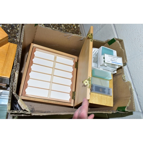 496 - TWO BOXES OF MICROSCOPE SLIDE ACCESSORIES ETC, to include microscope slide boxes, unused glass micro... 