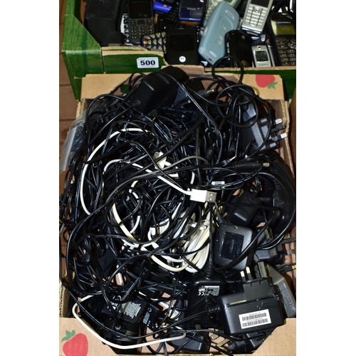 500 - TWO TRAYS CONTAINING MOBILE PHONES AND CHARGERS including a Blackberry Curve, Motorola MG-1-4A11, a ... 