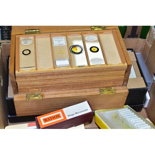 501 - A BOX CONTAINING SMALL BOXES OF PREPARED MICROSCOPE SLIDES, subjects include botanical specimens, Zo... 