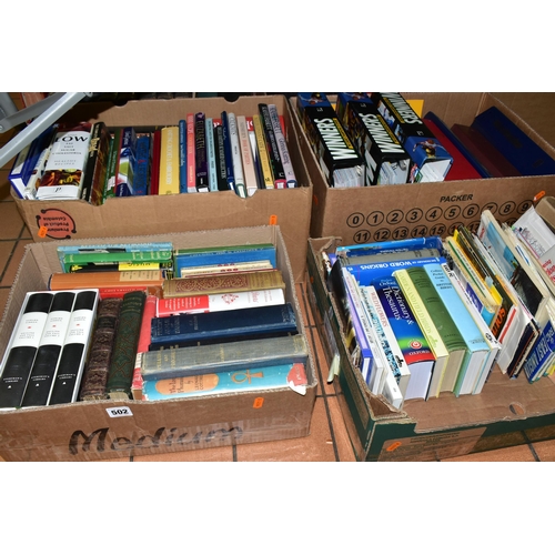 502 - FOUR BOXES OF BOOKS/EPHEMERA to include approximately sixty book titles in hardback and paperback fo... 