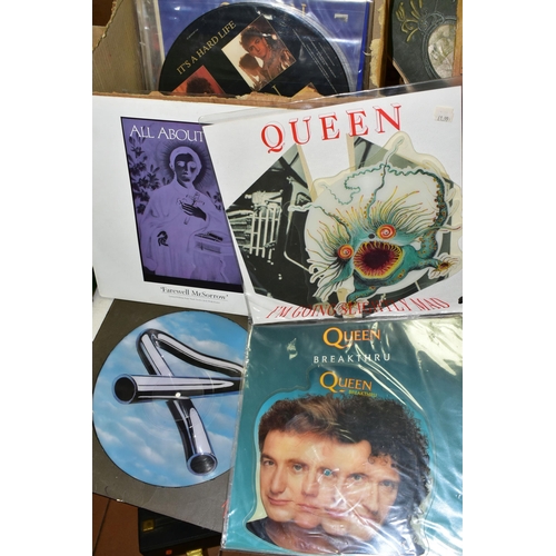 510 - A BOX OF PICTURE DISCS AND OTHER RECORDS, to include Queen Innuendo, Headlong, It's A Hard Life, I'm... 