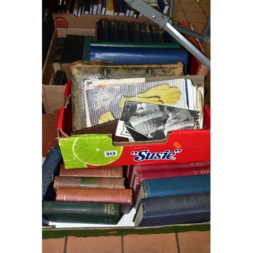 513 - THREE BOXES OF BOOKS/EPHEMERA comprising approximately fifty book titles in hardback format, subject... 