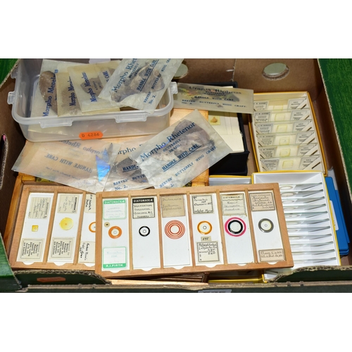 525 - A BOX OF MICROSCOPE SLIDES AND SPECIMENS, to include approximately one hundred and thirty boxed slid... 