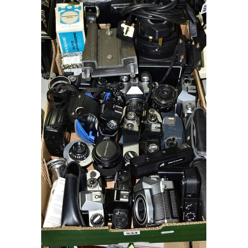 534 - ONE BOX OF VINTAGE CAMERAS AND LENSES, to include a Zenit 11 35mm SLR camera body fitted with a Heli... 