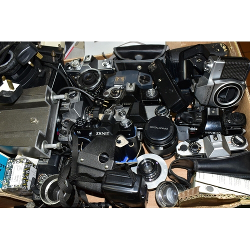 534 - ONE BOX OF VINTAGE CAMERAS AND LENSES, to include a Zenit 11 35mm SLR camera body fitted with a Heli... 