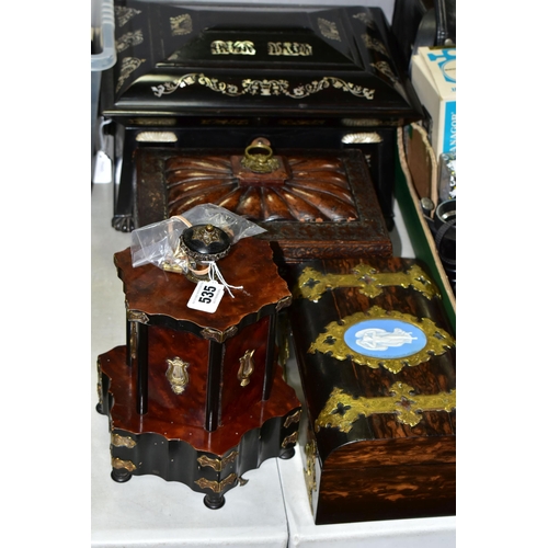 535 - A GROUP OF SEWING BOXES, comprising a Victorian  japanned sewing box with mother of pearl inlay and ... 