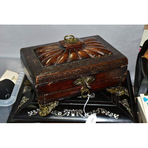 535 - A GROUP OF SEWING BOXES, comprising a Victorian  japanned sewing box with mother of pearl inlay and ... 