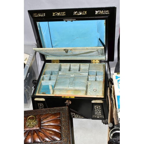 535 - A GROUP OF SEWING BOXES, comprising a Victorian  japanned sewing box with mother of pearl inlay and ... 