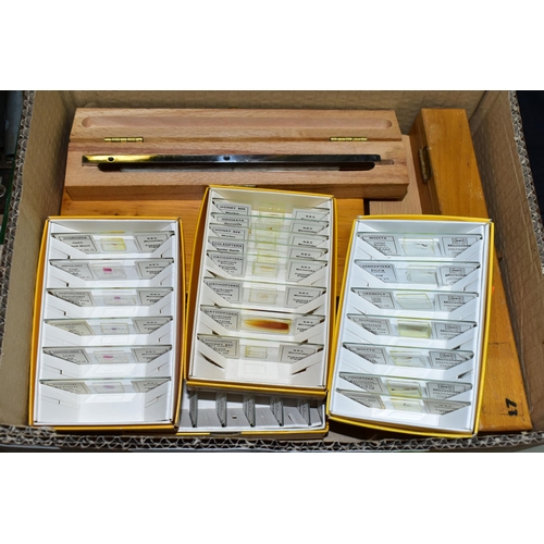 546 - A BOX OF MICROSCOPE SLIDES AND SPECIMENS, to include approximately twenty seven boxed slides, mainly... 