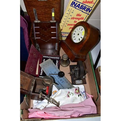 547 - ONE BOX OF VINTAGE ITEMS TOGETHER WITH AN ENFIELD RAILWAY CLOCK, oak circular case, brass bezel, mis... 