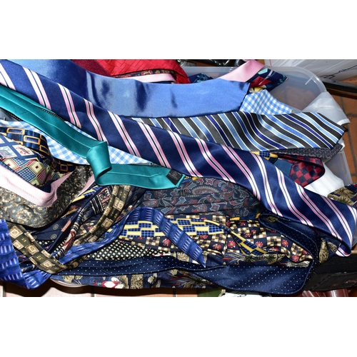 550 - FIVE NEW AND UNUSED WAISTCOATS TOGETHER WITH A BOX OF ASSORTED NECK TIES, to include over fifty vint... 