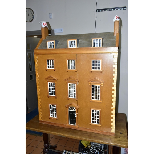 552 - ARTHUR'S HOUSE: A LARGE HANDMADE WOODEN DOLLS HOUSE, modelled as a Georgian Town house, front openin... 