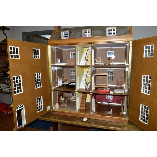 552 - ARTHUR'S HOUSE: A LARGE HANDMADE WOODEN DOLLS HOUSE, modelled as a Georgian Town house, front openin... 