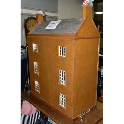 552 - ARTHUR'S HOUSE: A LARGE HANDMADE WOODEN DOLLS HOUSE, modelled as a Georgian Town house, front openin... 