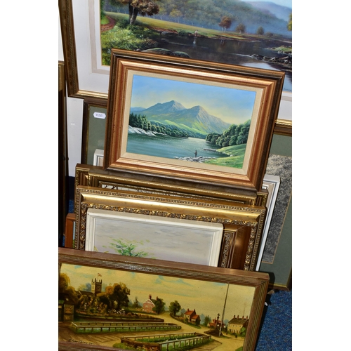 555 - A QUANTITY OF PAINTINGS AND PRINTS ETC, to include landscape oils by D. G Bishop, George Horne, S. J... 