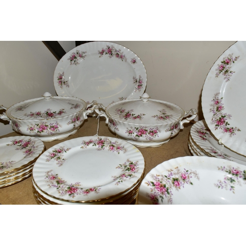 558 - A TWENTY SEVEN PIECE ROYAL ALBERT LAVENDER ROSE DINNER SERVICE, comprising two tureens (one with hai... 