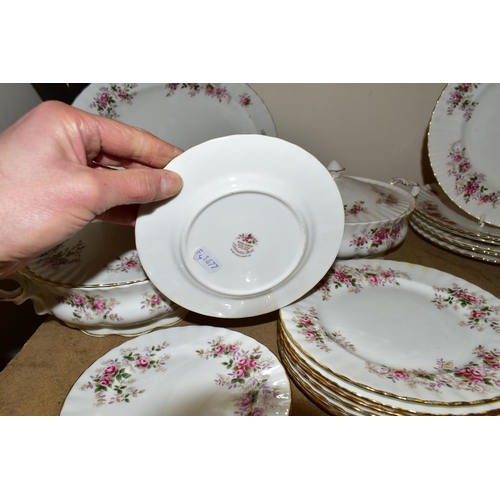 558 - A TWENTY SEVEN PIECE ROYAL ALBERT LAVENDER ROSE DINNER SERVICE, comprising two tureens (one with hai... 