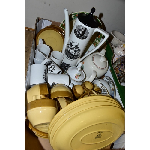 562 - THREE BOXES OF CERAMICS AND GLASS WARES, to include  an eleven piece Portmeirion Sailing Ships coffe... 