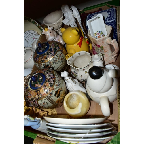 562 - THREE BOXES OF CERAMICS AND GLASS WARES, to include  an eleven piece Portmeirion Sailing Ships coffe... 