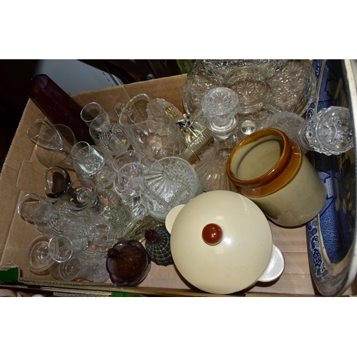 562 - THREE BOXES OF CERAMICS AND GLASS WARES, to include  an eleven piece Portmeirion Sailing Ships coffe... 