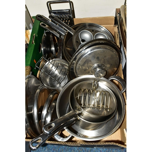 564 - THREE BOXES OF STAINLESS STEEL AND OTHER METAL COOKWARES, to include saucepans, steamer, roasting pa... 