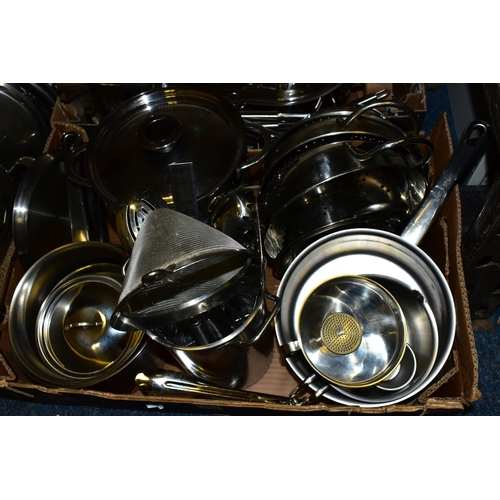 564 - THREE BOXES OF STAINLESS STEEL AND OTHER METAL COOKWARES, to include saucepans, steamer, roasting pa... 