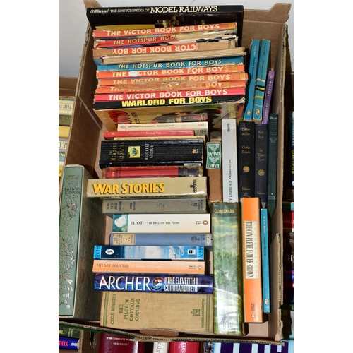 566 - FOUR BOXES OF BOOKS containing approximately 120 miscellaneous titles in hardback and paperback form... 