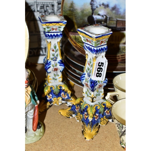 568 - A GROUP OF CERAMICS, to include a pair of tin glazed earthenware candlesticks, a nine piece Royal Gr... 