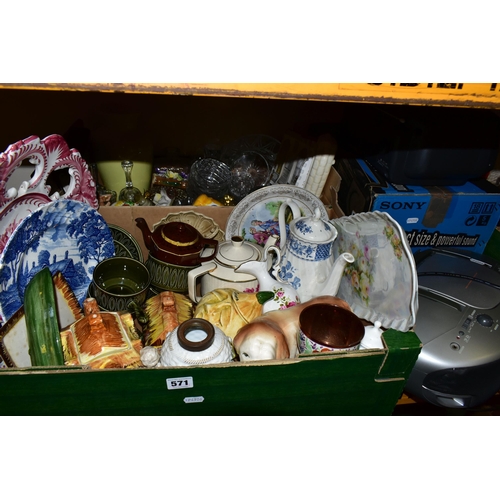 571 - TWO BOXES AND LOOSE CERAMICS, GLASSWARES AND ELECTRICAL EQUIPMENT, to include a boxed Sony CFD-V24 C... 