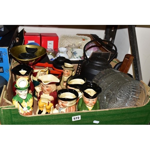 572 - TWO BOXES OF CERAMICS, GLASS AND METAL WARES, to include two sets of two boxed Royal Brierley Braema... 