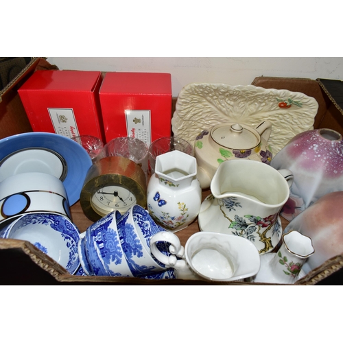 572 - TWO BOXES OF CERAMICS, GLASS AND METAL WARES, to include two sets of two boxed Royal Brierley Braema... 