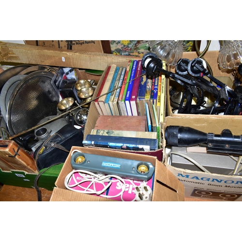 575 - THREE BOXES AND LOOSE METAL WARES, BOOKS, AND SUNDRY ITEMS, to include plated and hammered pewter tr... 