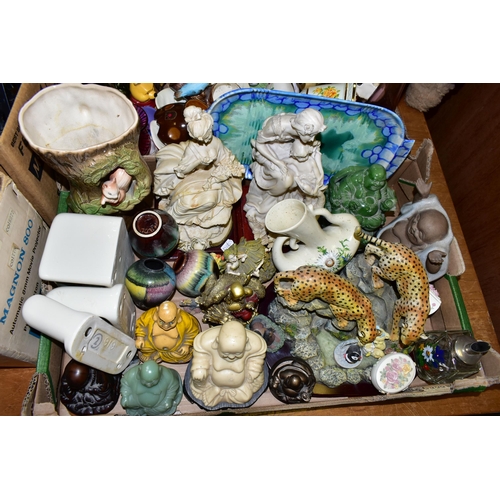 576 - TWO BOXES AND LOOSE CERAMICS, GLASS WARES AND TEDDY BEAR, to include three small squat West German p... 