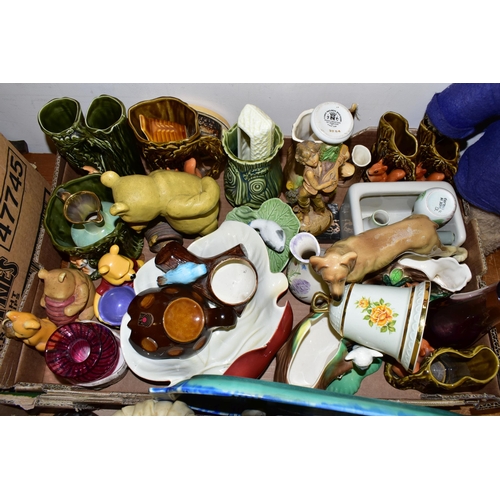 576 - TWO BOXES AND LOOSE CERAMICS, GLASS WARES AND TEDDY BEAR, to include three small squat West German p... 