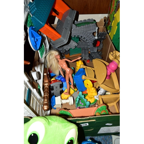 578 - THREE BOXES OF TOYS AND GAMES, to include a Silverlit Robo Chameleon RCX-01, a Barbie doll with join... 