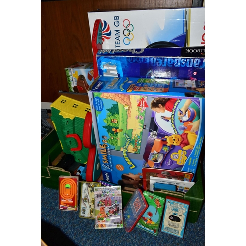 578 - THREE BOXES OF TOYS AND GAMES, to include a Silverlit Robo Chameleon RCX-01, a Barbie doll with join... 