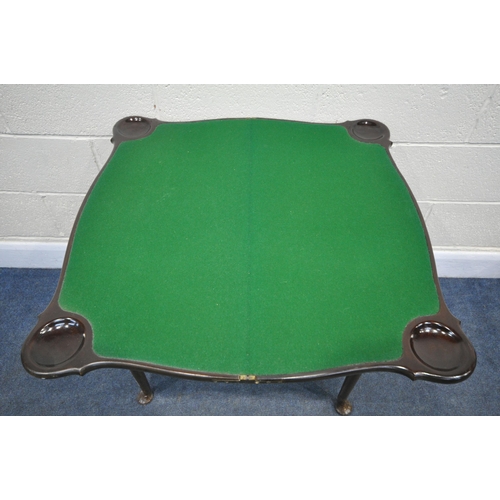 1200 - A GEORGIAN WALNUT SERPENTINE CARD TABLE, the fold over top enclosing a green baize playing surface a... 