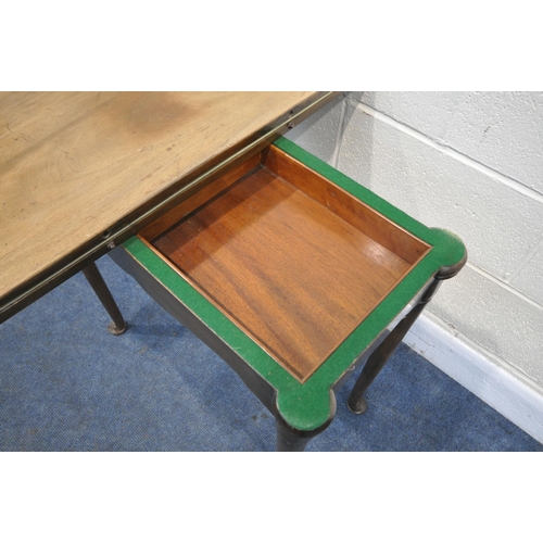 1200 - A GEORGIAN WALNUT SERPENTINE CARD TABLE, the fold over top enclosing a green baize playing surface a... 