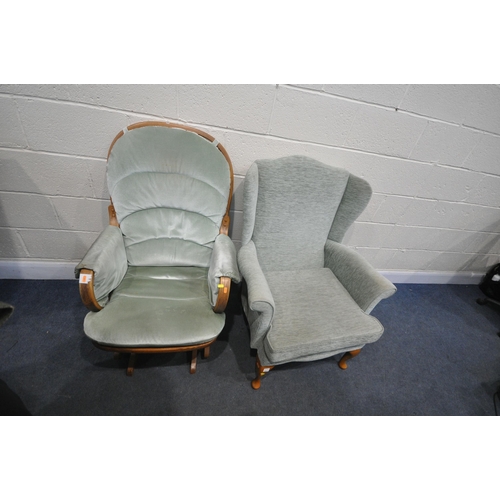 1328 - A MINT GREEN UPHOLSTERED WING BACK ARMCHAIR, and a glide motion rocking chair (condition - both in u... 