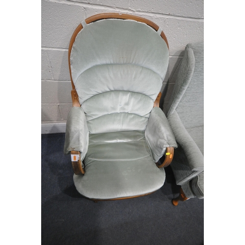 1328 - A MINT GREEN UPHOLSTERED WING BACK ARMCHAIR, and a glide motion rocking chair (condition - both in u... 