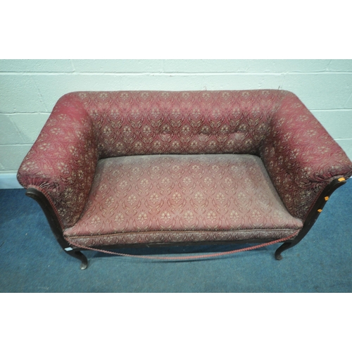 1330 - A LATE 19TH EARLY 20TH CENTURY BURGUNDY AND FLORAL UPHOLSTERED SOFA, on front cabriole legs, length ... 