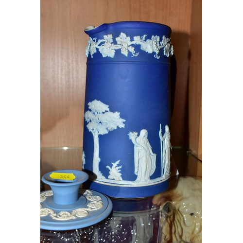 344 - A COLLECTION OF CERAMICS, comprising a Wedgwood Blue Jasperware jug, height 19cm, and biscuit barrel... 