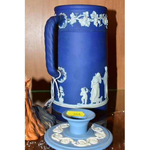 344 - A COLLECTION OF CERAMICS, comprising a Wedgwood Blue Jasperware jug, height 19cm, and biscuit barrel... 